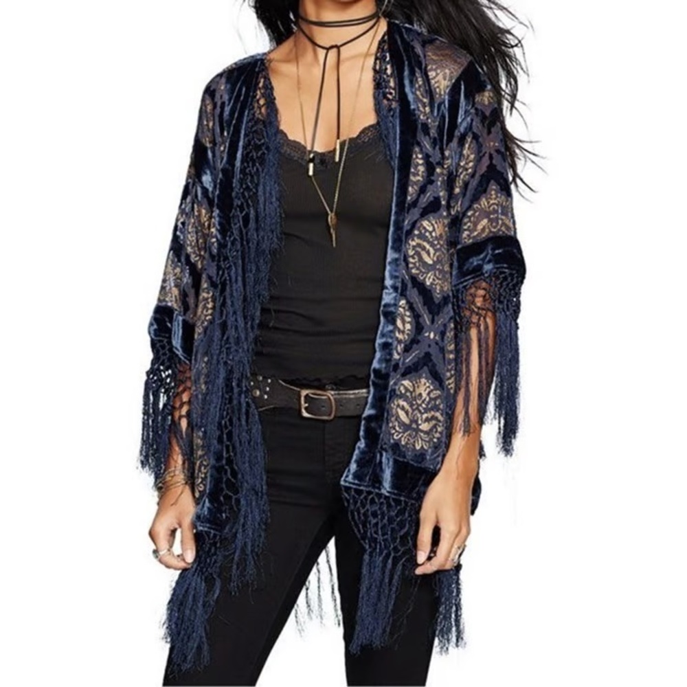 Navy Velvet Fringe Kimono Jacket - Women's Kimono & Yukatas